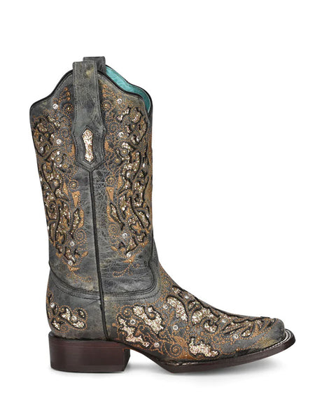 Corral A4244 Ladies Glitter Inlays & Studs & Crystals Boot Black side view. If you need any assistance with this item or the purchase of this item please call us at five six one seven four eight eight eight zero one Monday through Saturday 10:00a.m EST to 8:00 p.m EST