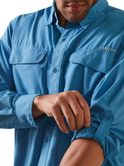 Ariat 10043422 Mens VentTEK Outbound Classic Fit Long Sleeve Shirt Cendre Blue front close up. If you need any assistance with this item or the purchase of this item please call us at five six one seven four eight eight eight zero one Monday through Saturday 10:00a.m EST to 8:00 p.m EST