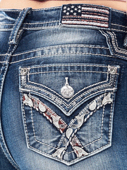 Miss Me M3444B70 Womens Paisley Bootcut Jeans Dark Blue back pocket close up