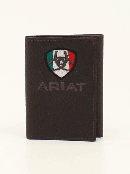Ariat A35492282 Mens Trifold Wallet Mexico Flag Logo Brown front view folded. If you need any assistance with this item or the purchase of this item please call us at five six one seven four eight eight eight zero one Monday through Saturday 10:00a.m EST to 8:00 p.m EST