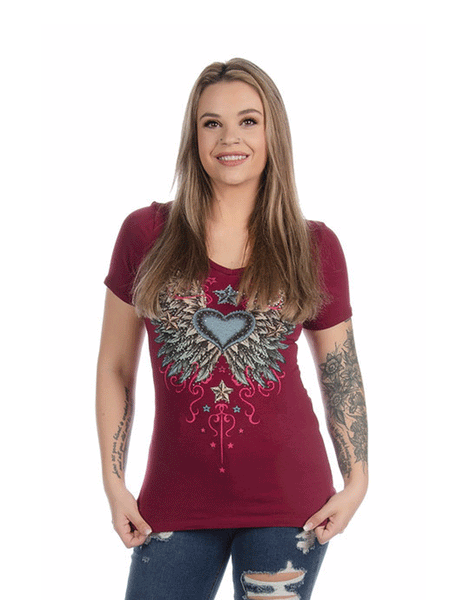 Liberty Wear 7154 Womens Vintage Wings & Stars Graphic Top Burgundy front view. If you need any assistance with this item or the purchase of this item please call us at five six one seven four eight eight eight zero one Monday through Saturday 10:00a.m EST to 8:00 p.m EST