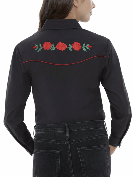 Ely Cattleman 15303801-88 Womens Red Rose Embroidery Long Sleeve Western Shirt Black back view. If you need any assistance with this item or the purchase of this item please call us at five six one seven four eight eight eight zero one Monday through Saturday 10:00a.m EST to 8:00 p.m EST