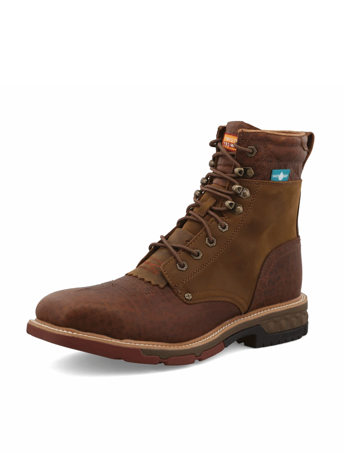 Twisted X MXALW01 Mens CellStretch Lacer Waterproof Alloy Toe Work Boot Cognac front and side view. If you need any assistance with this item or the purchase of this item please call us at five six one seven four eight eight eight zero one Monday through Saturday 10:00a.m EST to 8:00 p.m EST