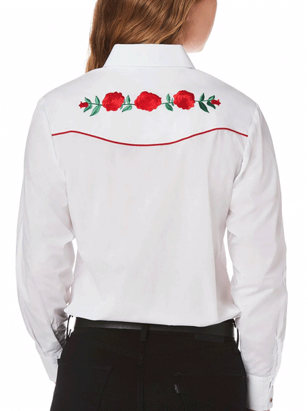 Ely Cattleman 15303801-06 Womens Red Rose Embroidery Long Sleeve Western Shirt White back view. If you need any assistance with this item or the purchase of this item please call us at five six one seven four eight eight eight zero one Monday through Saturday 10:00a.m EST to 8:00 p.m EST