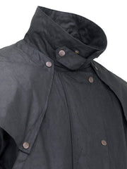 Outback Trading Company 2042-BLK Oilskin Low Rider Duster Black close up view of side of collar. If you need any assistance with this item or the purchase of this item please call us at five six one seven four eight eight eight zero one Monday through Saturday 10:00a.m EST to 8:00 p.m EST