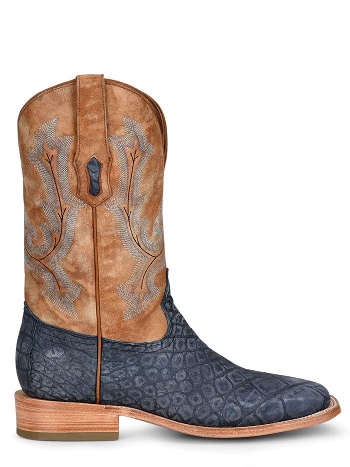 Corral A4220 Mens Alligator Embroidery Woven Square Toe Boots Blue and Sand front and side view. If you need any assistance with this item or the purchase of this item please call us at five six one seven four eight eight eight zero one Monday through Saturday 10:00a.m EST to 8:00 p.m EST