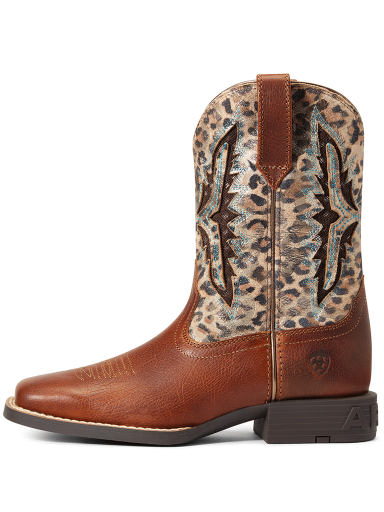 Ariat 10040258 Youth Koel VentTek Western Boot Metallic Leopard Spiced Cider front-side view. If you need any assistance with this item or the purchase of this item please call us at five six one seven four eight eight eight zero one Monday through Saturday 10:00a.m EST to 8:00 p.m EST