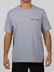 Salt Life SLM10960 Mens All Waters Short Sleeve Tee Athletic Heather front view on model. If you need any assistance with this item or the purchase of this item please call us at five six one seven four eight eight eight zero one Monday through Saturday 10:00a.m EST to 8:00 p.m EST