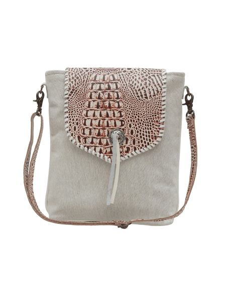 Myra Bag S-6217 Womens Smokey Azteca Leather And Hairon Bag front view standing. If you need any assistance with this item or the purchase of this item please call us at five six one seven four eight eight eight zero one Monday through Saturday 10:00a.m EST to 8:00 p.m EST