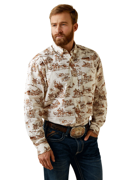 Ariat 10044020 Mens Wrinkle Resist Paniolo Western Aloha Stretch Classic Fit Shirt Sand front view. If you need any assistance with this item or the purchase of this item please call us at five six one seven four eight eight eight zero one Monday through Saturday 10:00a.m EST to 8:00 p.m EST