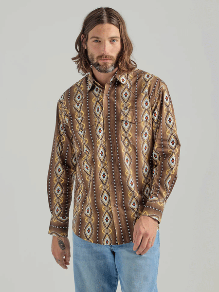 Wrangler 112318601 Mens Checotah Printed Shirt Molasses front view. If you need any assistance with this item or the purchase of this item please call us at five six one seven four eight eight eight zero one Monday through Saturday 10:00a.m EST to 8:00 p.m EST