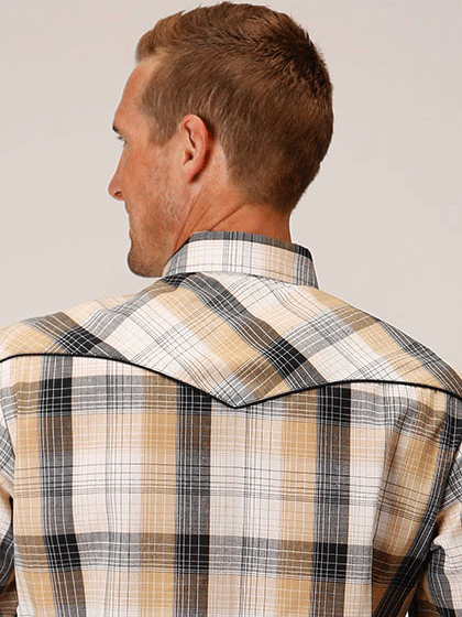 Roper 01-001-0016-2009 Mens Long Sleeve Plaid Western Shirt Khaki front view. If you need any assistance with this item or the purchase of this item please call us at five six one seven four eight eight eight zero one Monday through Saturday 10:00a.m EST to 8:00 p.m EST