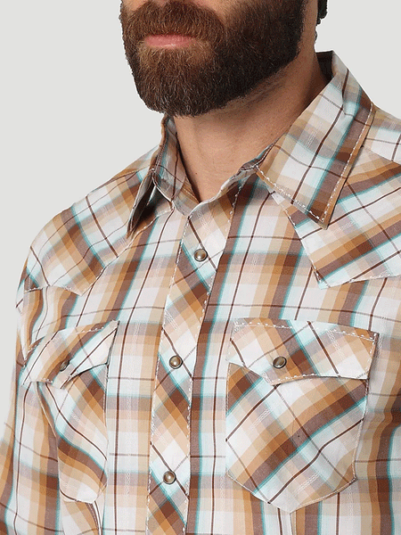 Wrangler 112317070 Mens Snap Plaid Long Sleeve Shirt Rawhide front pocket close up. If you need any assistance with this item or the purchase of this item please call us at five six one seven four eight eight eight zero one Monday through Saturday 10:00a.m EST to 8:00 p.m EST