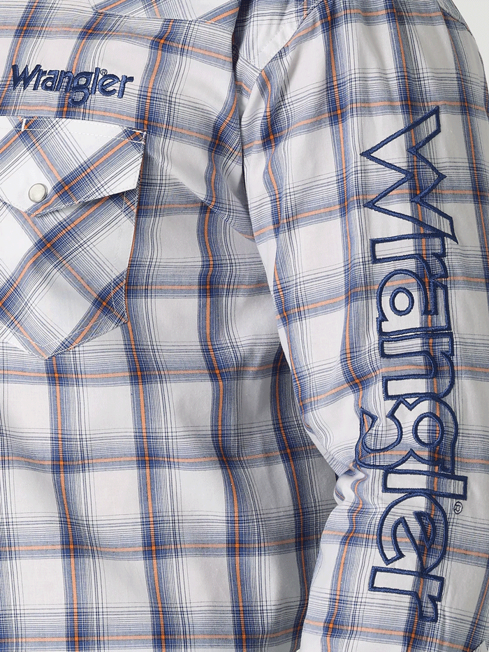 Wrangler 112317123 Mens Logo Long Sleeve Western Snap Plaid Shirt Clouds front view. If you need any assistance with this item or the purchase of this item please call us at five six one seven four eight eight eight zero one Monday through Saturday 10:00a.m EST to 8:00 p.m EST