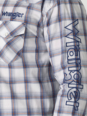 Wrangler 112317123 Mens Logo Long Sleeve Western Snap Plaid Shirt Clouds sleeve logo close up. If you need any assistance with this item or the purchase of this item please call us at five six one seven four eight eight eight zero one Monday through Saturday 10:00a.m EST to 8:00 p.m EST