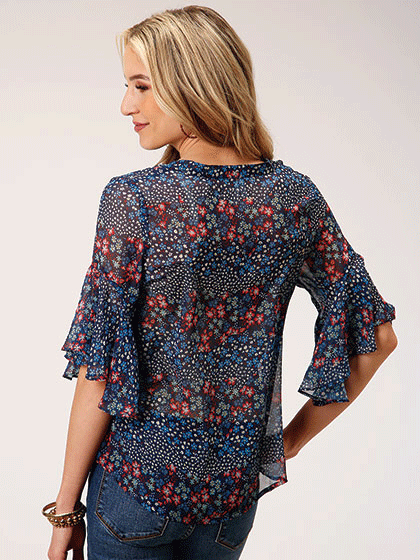 Roper 03-051-0590-3011 Womens Ditzy Floral Print Blouse Blue front view. If you need any assistance with this item or the purchase of this item please call us at five six one seven four eight eight eight zero one Monday through Saturday 10:00a.m EST to 8:00 p.m EST