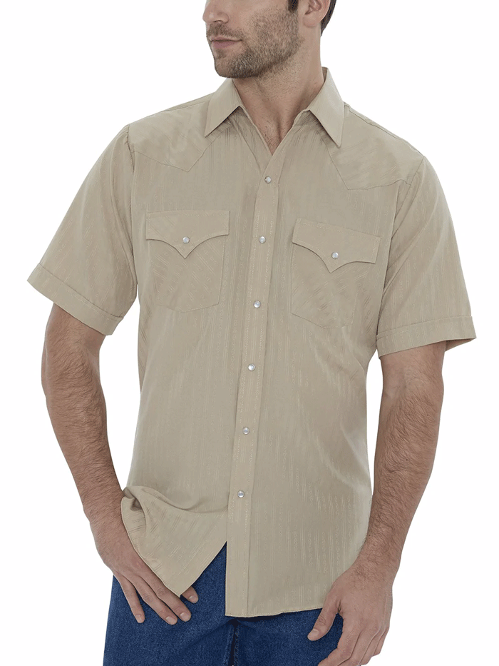 Ely Cattleman 15201634-28 Mens Short Sleeve Tone On Tone Western Shirt Khaki front view tucked in.  If you need any assistance with this item or the purchase of this item please call us at five six one seven four eight eight eight zero one Monday through Saturday 10:00a.m EST to 8:00 p.m EST