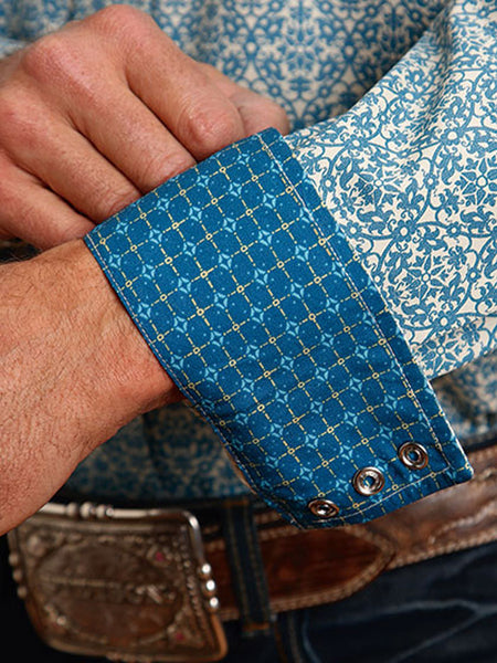 Stetson 11-001-0425-6060 Mens Vintage Pattern On Cotton Poplin Blue cuff detail. If you need any assistance with this item or the purchase of this item please call us at five six one seven four eight eight eight zero one Monday through Saturday 10:00a.m EST to 8:00 p.m EST
