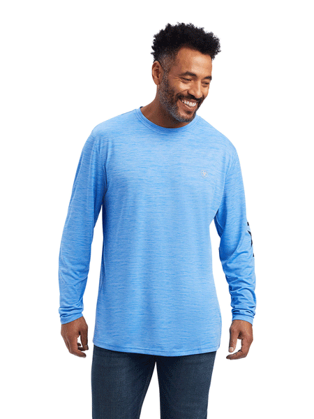 Ariat 10041002 Mens Charger Logo T-Shirt Aegean Blue front view. If you need any assistance with this item or the purchase of this item please call us at five six one seven four eight eight eight zero one Monday through Saturday 10:00a.m EST to 8:00 p.m EST
