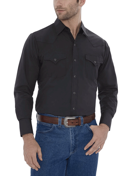 Ely Cattleman 15201905-89 Mens Long Sleeve Solid Western Shirt Black front view tucked in. If you need any assistance with this item or the purchase of this item please call us at five six one seven four eight eight eight zero one Monday through Saturday 10:00a.m EST to 8:00 p.m EST
