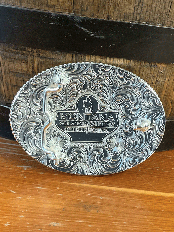 Montana Silversmiths 6250-931L Etched Mountains Ridin' For The Brand Cowboy Buckle Silver front view. If you need any assistance with this item or the purchase of this item please call us at five six one seven four eight eight eight zero one Monday through Saturday 10:00a.m EST to 8:00 p.m EST