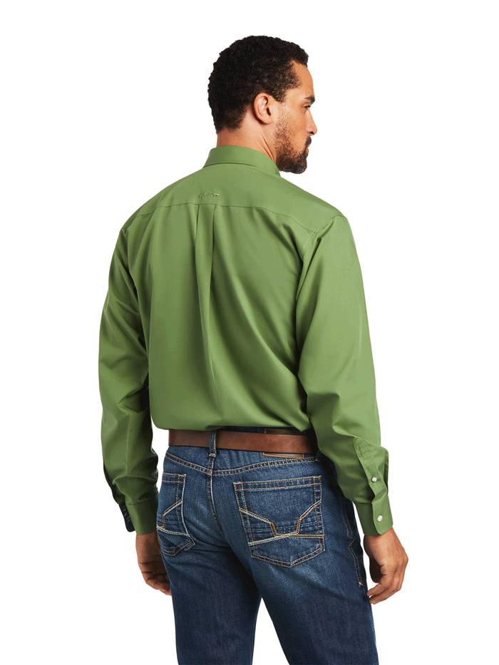 Ariat 10040585 Mens Wrinkle Free Solid Pinpoint Oxford Classic Fit Shirt Dill front view. If you need any assistance with this item or the purchase of this item please call us at five six one seven four eight eight eight zero one Monday through Saturday 10:00a.m EST to 8:00 p.m EST