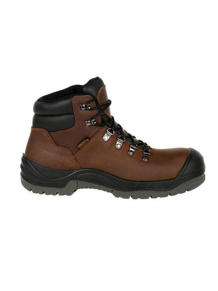 Rocky RKK0245 Mens Worksmart Composite Toe Waterproof Work Boot Brown side view. If you need any assistance with this item or the purchase of this item please call us at five six one seven four eight eight eight zero one Monday through Saturday 10:00a.m EST to 8:00 p.m EST
