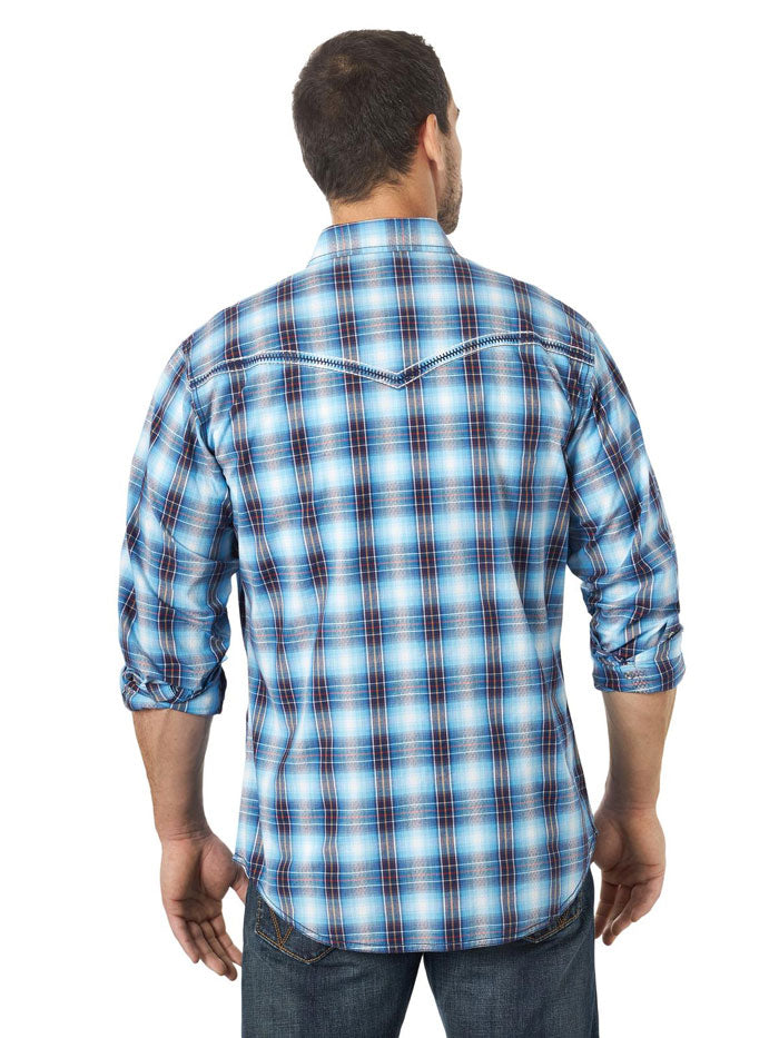 Wrangler 10MRC429B Mens Rock 47 Snap Plaid Long Sleeve Western Shirt Blue front view. If you need any assistance with this item or the purchase of this item please call us at five six one seven four eight eight eight zero one Monday through Saturday 10:00a.m EST to 8:00 p.m EST