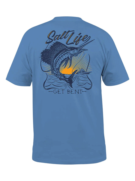 Salt Life SLM10961 Mens Golden Hour Short Sleeve Pocket Tee Chambray back view. If you need any assistance with this item or the purchase of this item please call us at five six one seven four eight eight eight zero one Monday through Saturday 10:00a.m EST to 8:00 p.m EST