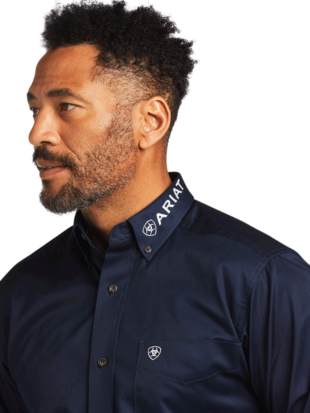 Ariat 10039438 Mens Team Logo Twill Fitted Shirt Navy Star Stripe collar close up. If you need any assistance with this item or the purchase of this item please call us at five six one seven four eight eight eight zero one Monday through Saturday 10:00a.m EST to 8:00 p.m EST