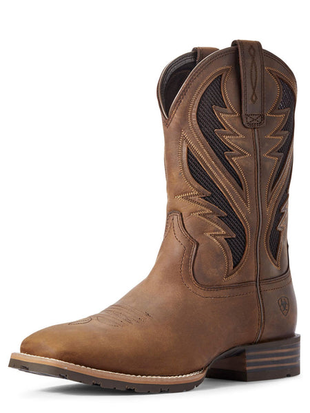 Ariat 10031454 Mens Hybrid VentTEK Western Boot Distressed Tan side and front view. If you need any assistance with this item or the purchase of this item please call us at five six one seven four eight eight eight zero one Monday through Saturday 10:00a.m EST to 8:00 p.m EST