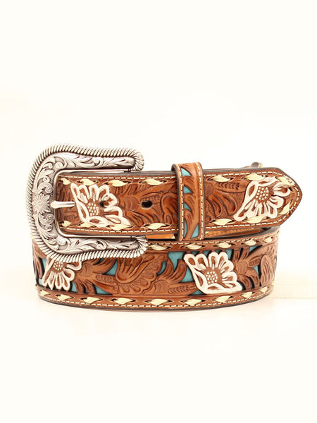 Nocona N3412308 Ladies Pierced Floral Belt Brown front view. If you need any assistance with this item or the purchase of this item please call us at five six one seven four eight eight eight zero one Monday through Saturday 10:00a.m EST to 8:00 p.m EST