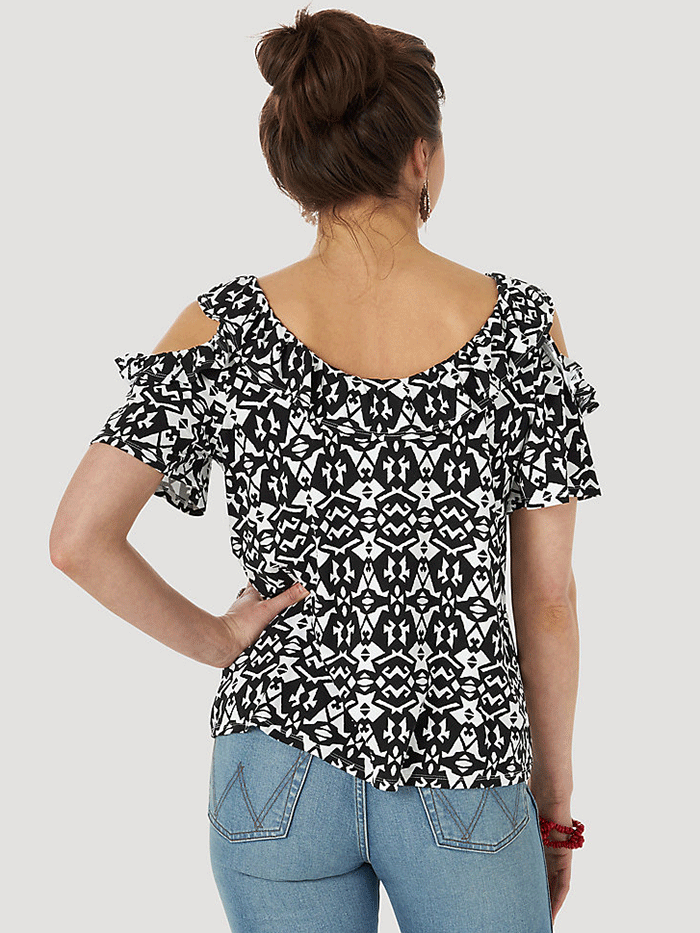 Wrangler 10LWK563M Womens Retro Cold Shoulder Ruffle Top Black/White front view. If you need any assistance with this item or the purchase of this item please call us at five six one seven four eight eight eight zero one Monday through Saturday 10:00a.m EST to 8:00 p.m EST