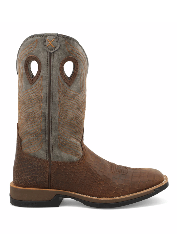 Twisted X MXW0003 Mens WS Caiman Print Tech X Boot Brown And Grey side and front view. If you need any assistance with this item or the purchase of this item please call us at five six one seven four eight eight eight zero one Monday through Saturday 10:00a.m EST to 8:00 p.m EST