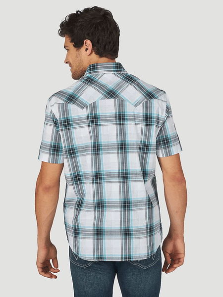 Wrangler 10MV4033Q Mens Retro Short Sleeve Plaid Shirt Teal back view. If you need any assistance with this item or the purchase of this item please call us at five six one seven four eight eight eight zero one Monday through Saturday 10:00a.m EST to 8:00 p.m EST