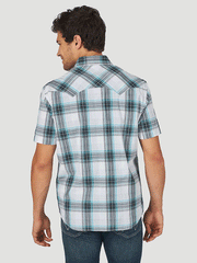 Wrangler 10MV4033Q Mens Retro Short Sleeve Plaid Shirt Teal back view. If you need any assistance with this item or the purchase of this item please call us at five six one seven four eight eight eight zero one Monday through Saturday 10:00a.m EST to 8:00 p.m EST
