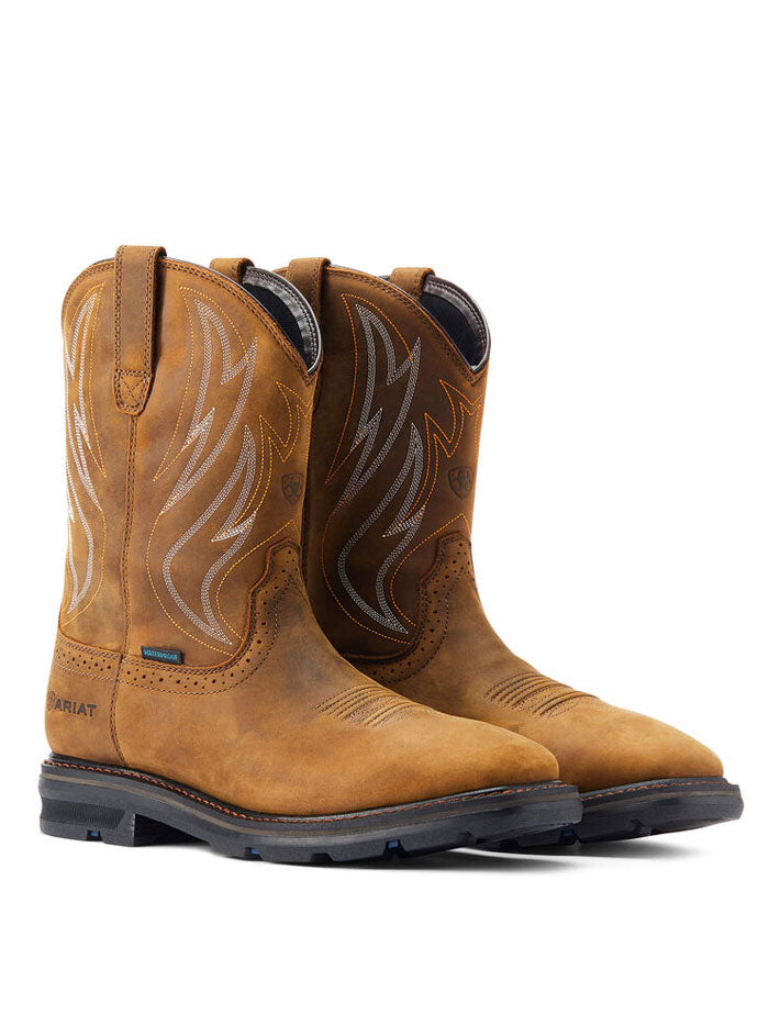 Ariat 10044545 Mens Sierra Shock Shield Waterproof Work Boot Distressed Brown side and front view. If you need any assistance with this item or the purchase of this item please call us at five six one seven four eight eight eight zero one Monday through Saturday 10:00a.m EST to 8:00 p.m EST