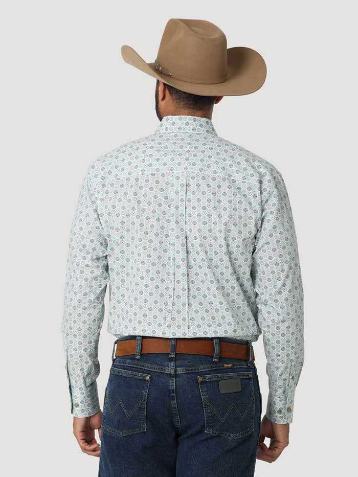 Wrangler 112318982 George Strait Collection Long Sleeve Shirt White And Green  front view. If you need any assistance with this item or the purchase of this item please call us at five six one seven four eight eight eight zero one Monday through Saturday 10:00a.m EST to 8:00 p.m EST