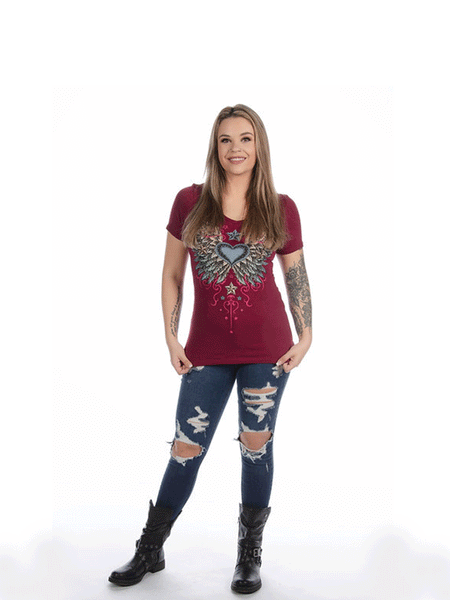 Liberty Wear 7154 Womens Vintage Wings & Stars Graphic Top Burgundy alernate front view. If you need any assistance with this item or the purchase of this item please call us at five six one seven four eight eight eight zero one Monday through Saturday 10:00a.m EST to 8:00 p.m EST