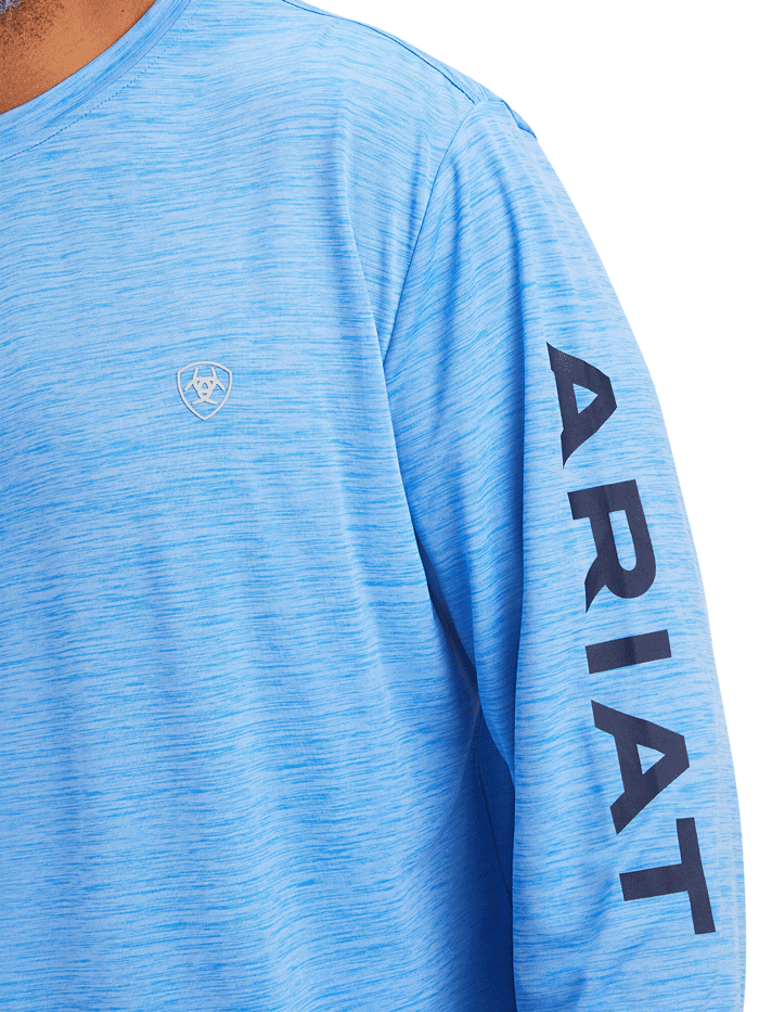 Ariat 10041002 Mens Charger Logo T-Shirt Aegean Blue front and side view. If you need any assistance with this item or the purchase of this item please call us at five six one seven four eight eight eight zero one Monday through Saturday 10:00a.m EST to 8:00 p.m EST