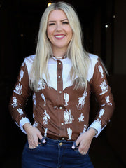 Ranch Dress'n BUCKAROO Womens Performance Rodeo Shirt Brown Front View. If you need any assistance with this item or the purchase of this item please call us at five six one seven four eight eight eight zero one Monday through Saturday 10:00a.m EST to 8:00 p.m EST