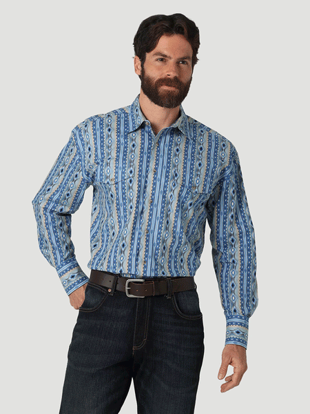 Men's Rock 47 by Wrangler Long Sleeve Embroidered Yoke Western Snap Print Shirt in Blue Print XXL