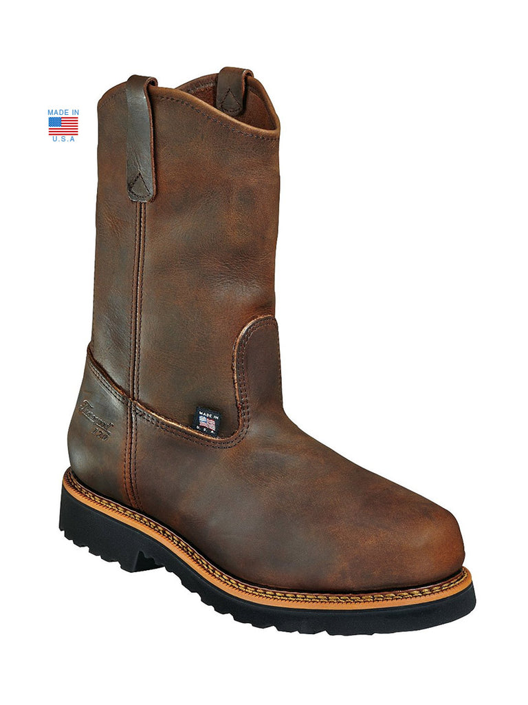 Thorogood 804-3310 Mens Wellington Safety Toe Work Boot Brown front and side view. If you need any assistance with this item or the purchase of this item please call us at five six one seven four eight eight eight zero one Monday through Saturday 10:00a.m EST to 8:00 p.m EST