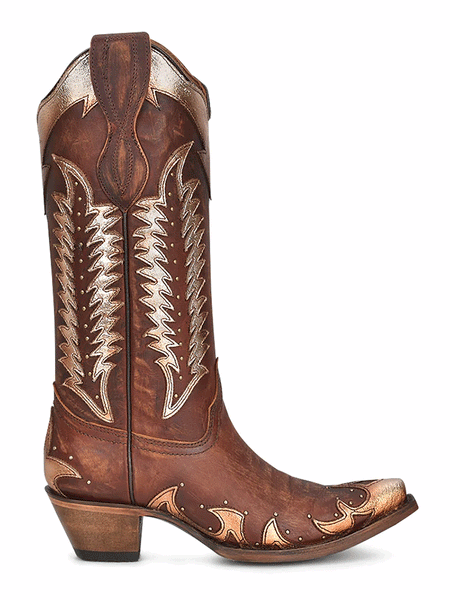 Corral L2042 Ladies Overlay Embroidery And Studs Boots Cognac side view. If you need any assistance with this item or the purchase of this item please call us at five six one seven four eight eight eight zero one Monday through Saturday 10:00a.m EST to 8:00 p.m EST