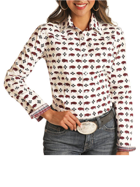 Panhandle R4S2510 Womens Long Sleeve Aztec Buffalo Print Snap Shirt Natural front view. If you need any assistance with this item or the purchase of this item please call us at five six one seven four eight eight eight zero one Monday through Saturday 10:00a.m EST to 8:00 p.m EST