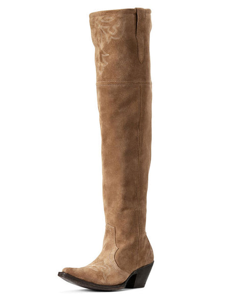Ariat 10029674 Womens Pandora Western Boot Dijon Suede side and front view. If you need any assistance with this item or the purchase of this item please call us at five six one seven four eight eight eight zero one Monday through Saturday 10:00a.m EST to 8:00 p.m EST