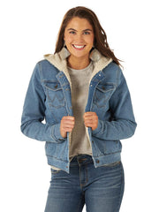 Wrangler 112317280 Womens Retro Outerwear Hooded Jacket Denim front view. If you need any assistance with this item or the purchase of this item please call us at five six one seven four eight eight eight zero one Monday through Saturday 10:00a.m EST to 8:00 p.m EST