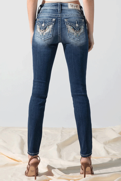 Miss Me M3080S31 Womens MM's Secret Skinny Jeans Medium Blue back view. If you need any assistance with this item or the purchase of this item please call us at five six one seven four eight eight eight zero one Monday through Saturday 10:00a.m EST to 8:00 p.m EST