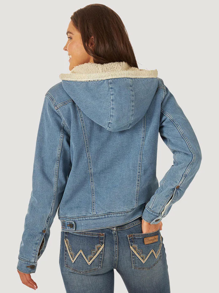 Wrangler 112317280 Womens Retro Outerwear Hooded Jacket Denim front view. If you need any assistance with this item or the purchase of this item please call us at five six one seven four eight eight eight zero one Monday through Saturday 10:00a.m EST to 8:00 p.m EST