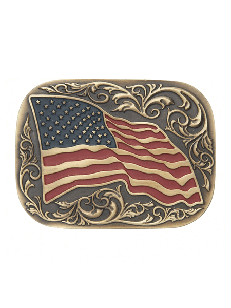 AndWest 555 Waving American Flag Buckle Antique Brass front view. If you need any assistance with this item or the purchase of this item please call us at five six one seven four eight eight eight zero one Monday through Saturday 10:00a.m EST to 8:00 p.m EST
